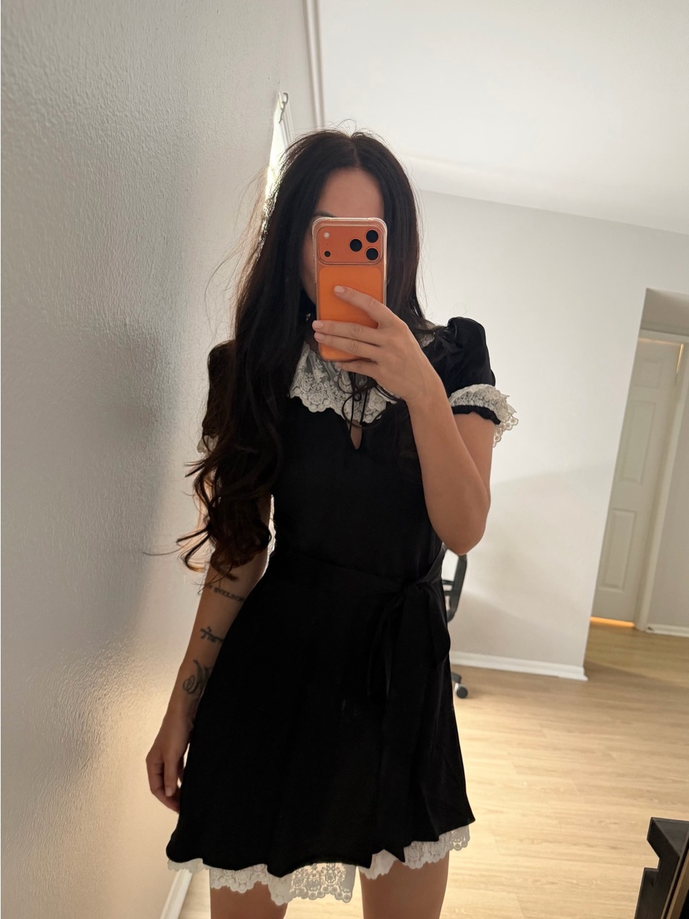 Black Lace-Trim Mini Dress with Contrast Collar